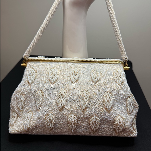 Vintage White Beaded Evening Bag Ivory Seed Bead Leaf Pattern Purse - Picture 2 of 7